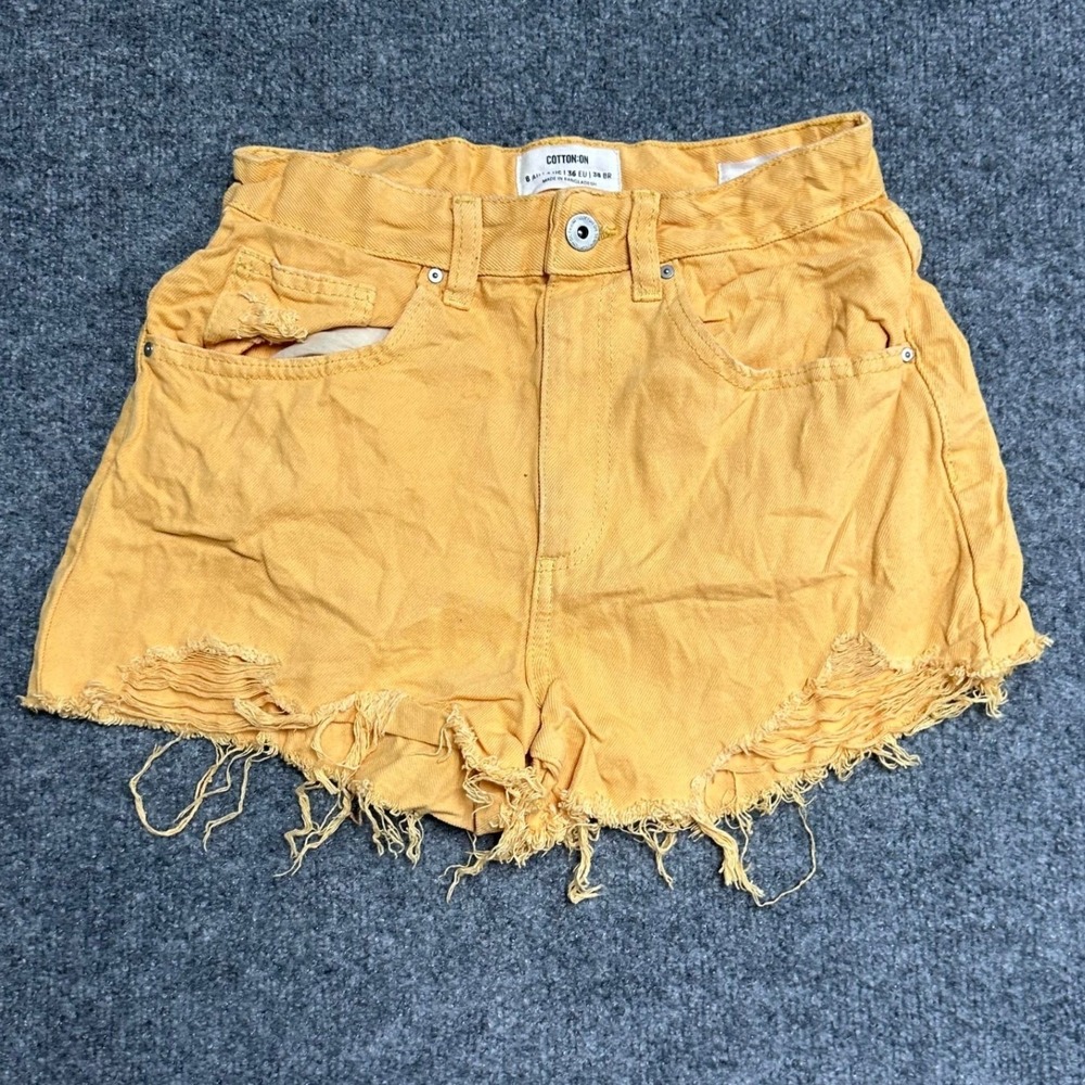 Cotton On Shorts Womens Size 4 Yellow High Rise Mom Distressed Denim Raw Hem